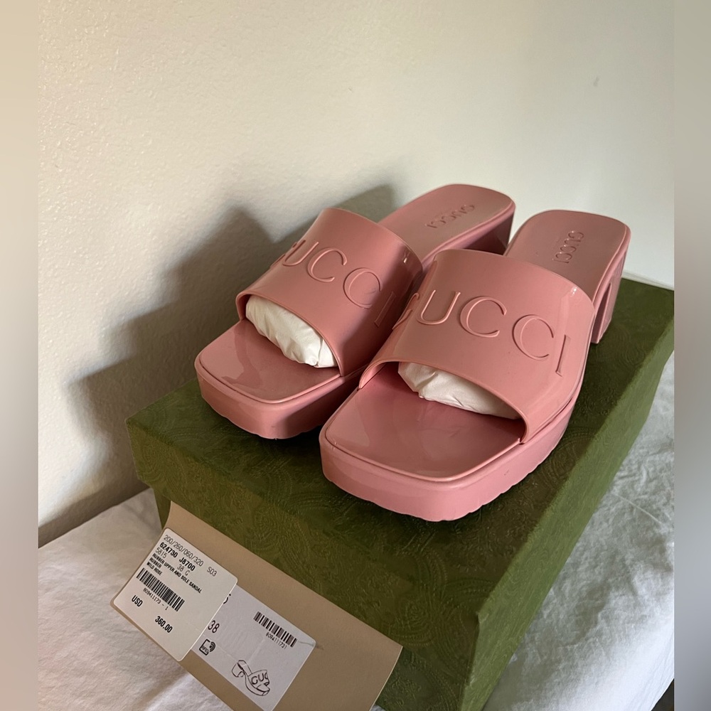Gucci Logo Womens Platform Slide Sandals 8 Wild Rose.